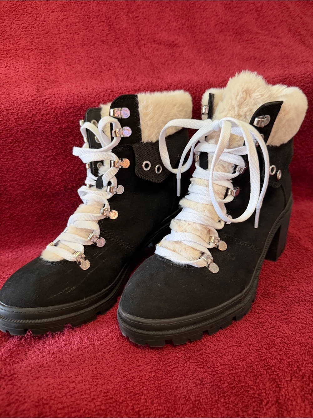 Jellypop Black Suede Lace-Up Ankle Boots with Cream Faux Fur